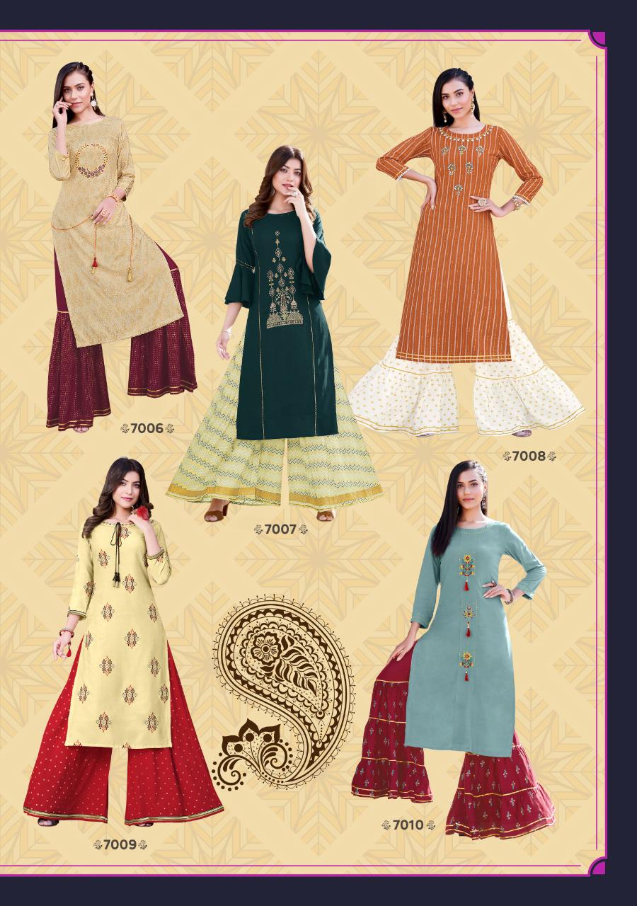 Fashion Label 7 Ethnic Wear Rayon Printed Kurti with Flair Palazzo And Sahara Collection
